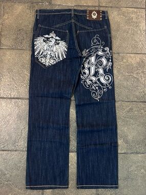 Vintage Y2K Kanji Jeans Size 32x32 Embroidered Pockets Baggy Skater Denim